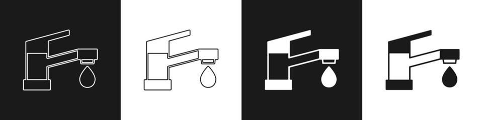 Set Water tap icon isolated on black and white background. Vector