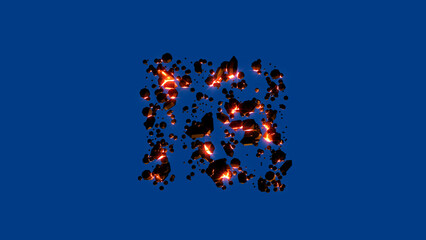 burning rocks font - lighting red shekel sign, isolated - object 3D illustration