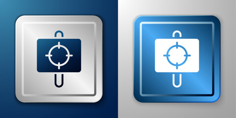 White Target sport icon isolated on blue and grey background. Clean target with numbers for shooting range or shooting. Silver and blue square button. Vector