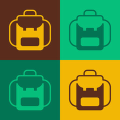 Pop art Hiking backpack icon isolated on color background. Camping and mountain exploring backpack. Vector