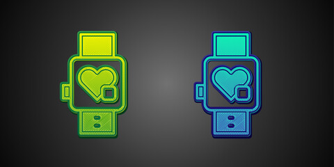 Green and blue Smart watch showing heart beat rate icon isolated on black background. Fitness App concept. Vector