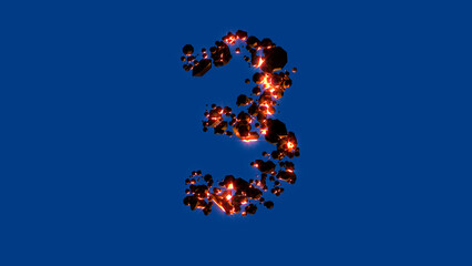 magma rocks alphabet - lighting red number 3, isolated - object 3D illustration