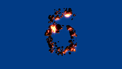 magma rocks alphabet - shining red number 6, isolated - object 3D illustration