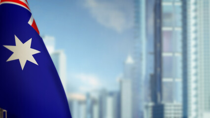 flag of Australia on modern city architecture bokeh bg for national holiday - abstract 3D illustration