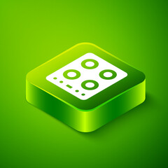 Isometric Gas stove icon isolated on green background. Cooktop sign. Hob with four circle burners. Green square button. Vector
