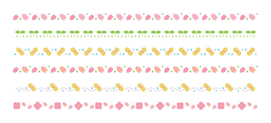 Cute and colorful spring concept design deco pattern border. Repeating lines of flowers, butterflies, cherry blossoms and buds.