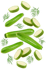 flying green zucchini or marrow with slices isolated on white background. full depth of field. clipping path