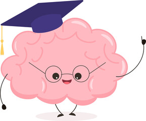 Cute brain in graduation cap with diploma. Kawaii funny human brain character. Cartoon flat style. illustration