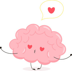 Cute funny brain in love. Kawaii human brain character. Cartoon flat style. illustration