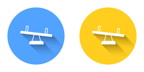 White Seesaw icon isolated with long shadow background. Teeter equal board. Playground symbol. Circle button. Vector