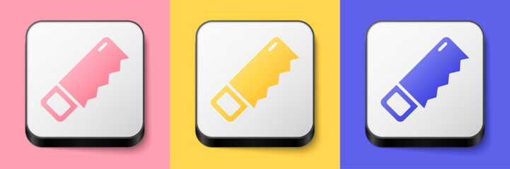 Isometric Hand saw icon isolated on pink, yellow and blue background. Square button. Vector