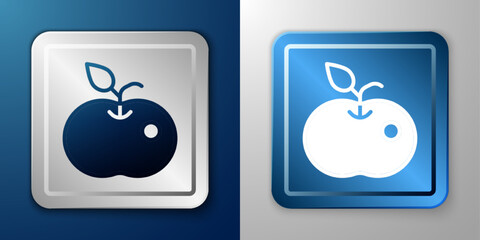 White Poison apple icon isolated on blue and grey background. Poisoned witch apple. Silver and blue square button. Vector