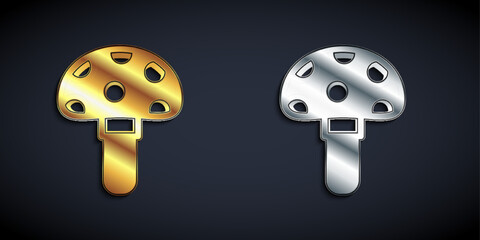 Gold and silver Psilocybin mushroom icon isolated on black background. Psychedelic hallucination. Long shadow style. Vector
