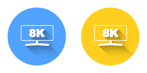 White Computer monitor icon isolated with long shadow background. PC component sign. Circle button. Vector