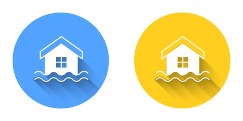 White House flood icon isolated with long shadow background. Home flooding under water. Insurance concept. Security, safety, protection, protect concept. Circle button. Vector