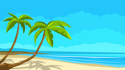Tropical background, palm trees on the sandy beach, flat vector illustration.