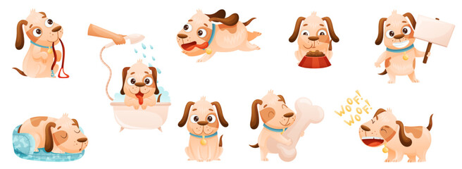 Cute Dog with Collar as Domestic Pet Engaged in Different Activity Vector Set