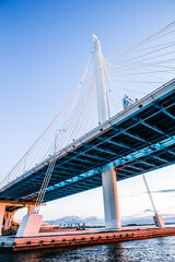 Cable-stayed bridge Western high-speed diameter across Peter's fairway in St. Petersburg at sunset, Russia