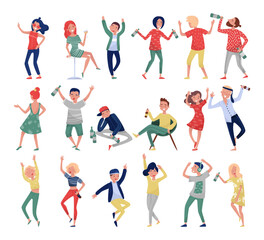 Drunk People Character with Alcoholic Drinks Dancing Having Party Big Vector Set