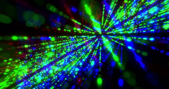 Bright glowing multi-colored beautiful laser lines from dots and particles with blur rainbow effect background space dark in high resolution 4k abstract animation motion design