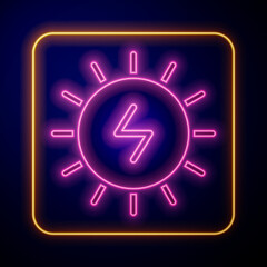 Glowing neon Solar energy panel icon isolated on black background. Sun with lightning symbol. Vector