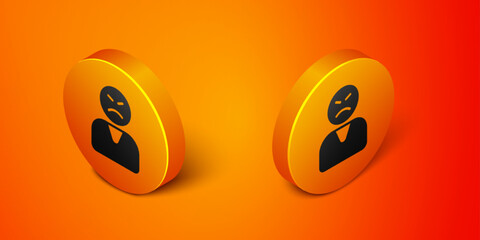 Isometric Angry customer icon isolated on orange background. Orange circle button. Vector