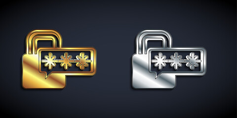 Gold and silver Cyber security icon isolated on black background. Closed padlock on digital circuit board. Safety concept. Digital data protection. Long shadow style. Vector