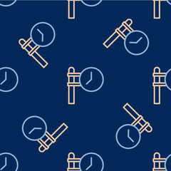 Line Train station clock icon isolated seamless pattern on blue background. Vector