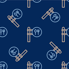 Obraz premium Line Cafe and restaurant location icon isolated seamless pattern on blue background. Fork and spoon eatery sign inside pinpoint. Vector.