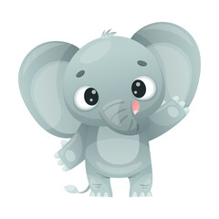 Funny Grey Elephant with Large Ear Flaps and Trunk Greeting Waving Arm Vector Illustration