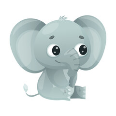 Funny Grey Elephant with Large Ear Flaps and Trunk Sitting Vector Illustration
