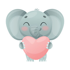 Funny Grey Elephant with Large Ear Flaps and Trunk Holding Pink Heart Vector Illustration