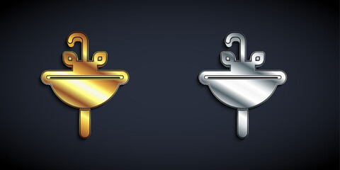 Gold and silver Washbasin with water tap icon isolated on black background. Long shadow style. Vector