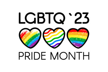 LGBTQ 2023 pride month logo. Vector flat illustration with watercolor rainbow flag.