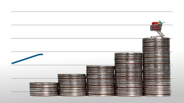 Business Concept With Changing Line Graph And Coins. The Concept Of Rising Prices.
