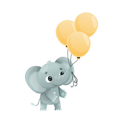 Funny Grey Smiling Elephant with Large Ear Flaps and Trunk Holding Bunch of Balloons Vector Illustration