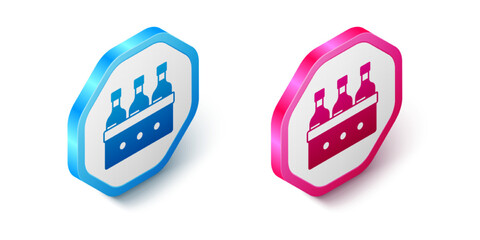 Isometric Bottles of wine in a wooden box icon isolated on white background. Wine bottles in a wooden crate icon. Hexagon button. Vector