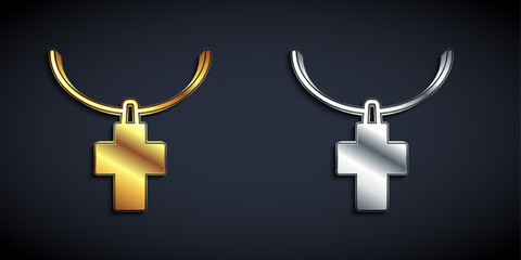 Gold and silver Christian cross on chain icon isolated on black background. Church cross. Long shadow style. Vector