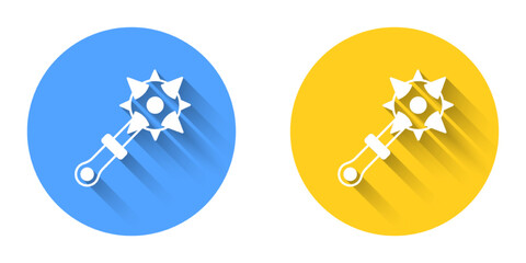 White Medieval chained mace ball icon isolated with long shadow background. Morgenstern medieval weapon or mace with spikes. Circle button. Vector
