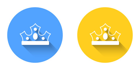 White King crown icon isolated with long shadow background. Circle button. Vector