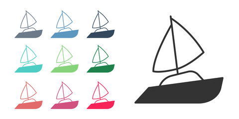 Black Yacht sailboat or sailing ship icon isolated on white background. Sail boat marine cruise travel. Set icons colorful. Vector