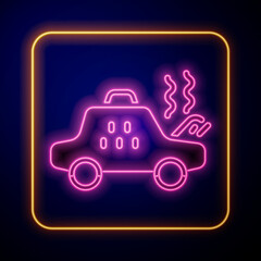 Glowing neon Broken taxi car icon isolated on black background. Vector