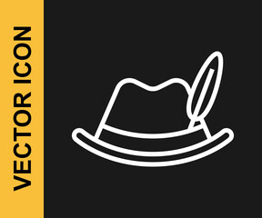 White line Oktoberfest hat icon isolated on black background. Hunter hat with feather. German hat. Vector
