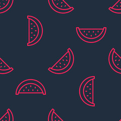 Fototapeta na wymiar Red line Watermelon icon isolated seamless pattern on black background. Vector