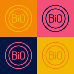 Pop art line Banner, label, tag, logo for bio green healthy food icon isolated on color background. Organic product. Healthy food sticker. Vector