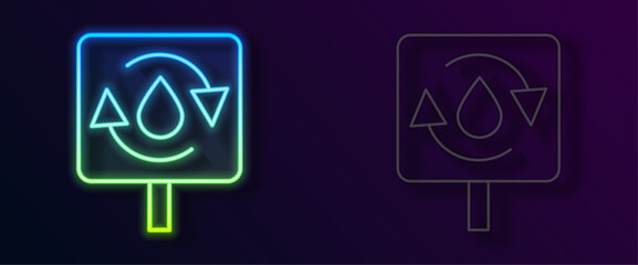 Glowing neon line Recycle clean aqua icon isolated on black background. Drop of water with sign recycling. Vector