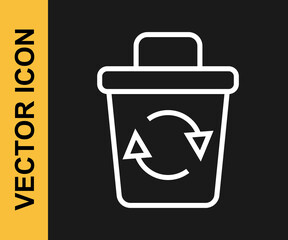White line Recycle bin with recycle symbol icon isolated on black background. Trash can icon. Garbage bin sign. Recycle basket sign. Vector