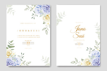 Watercolor floral and leaves wedding invitation card 