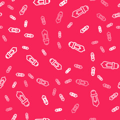 White line Light bulb with concept of idea icon isolated seamless pattern on red background. Energy and idea symbol. Inspiration concept. Vector