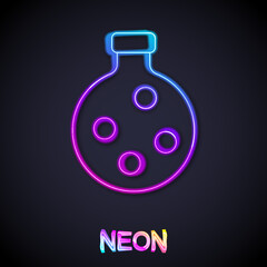 Glowing neon line Bottle with potion icon isolated on black background. Flask with magic potion. Happy Halloween party. Vector